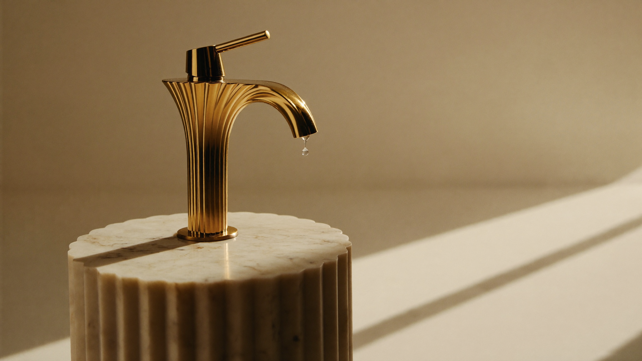 Skulpturale Messingarmatur mit gerippter Art-déco-Silhouette auf einem hellen Marmorsockel, ein Wassertropfen schwebt am Auslauf.