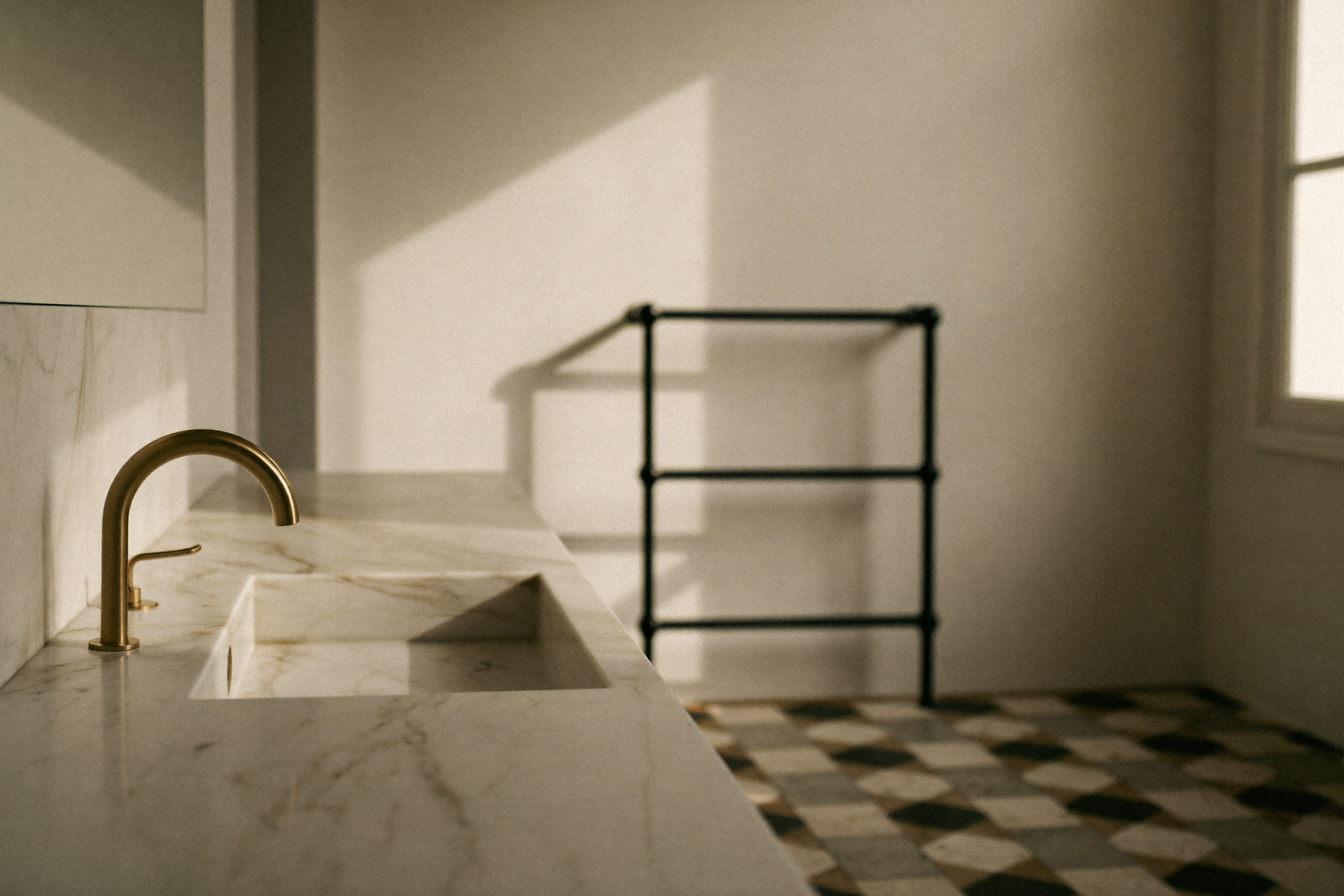 Minimalistisches Schweizer Badezimmer im weichen Morgenlicht mit Marmorwaschtisch, schlanker Messingarmatur und geometrischen Art-déco-Bodenfliesen.